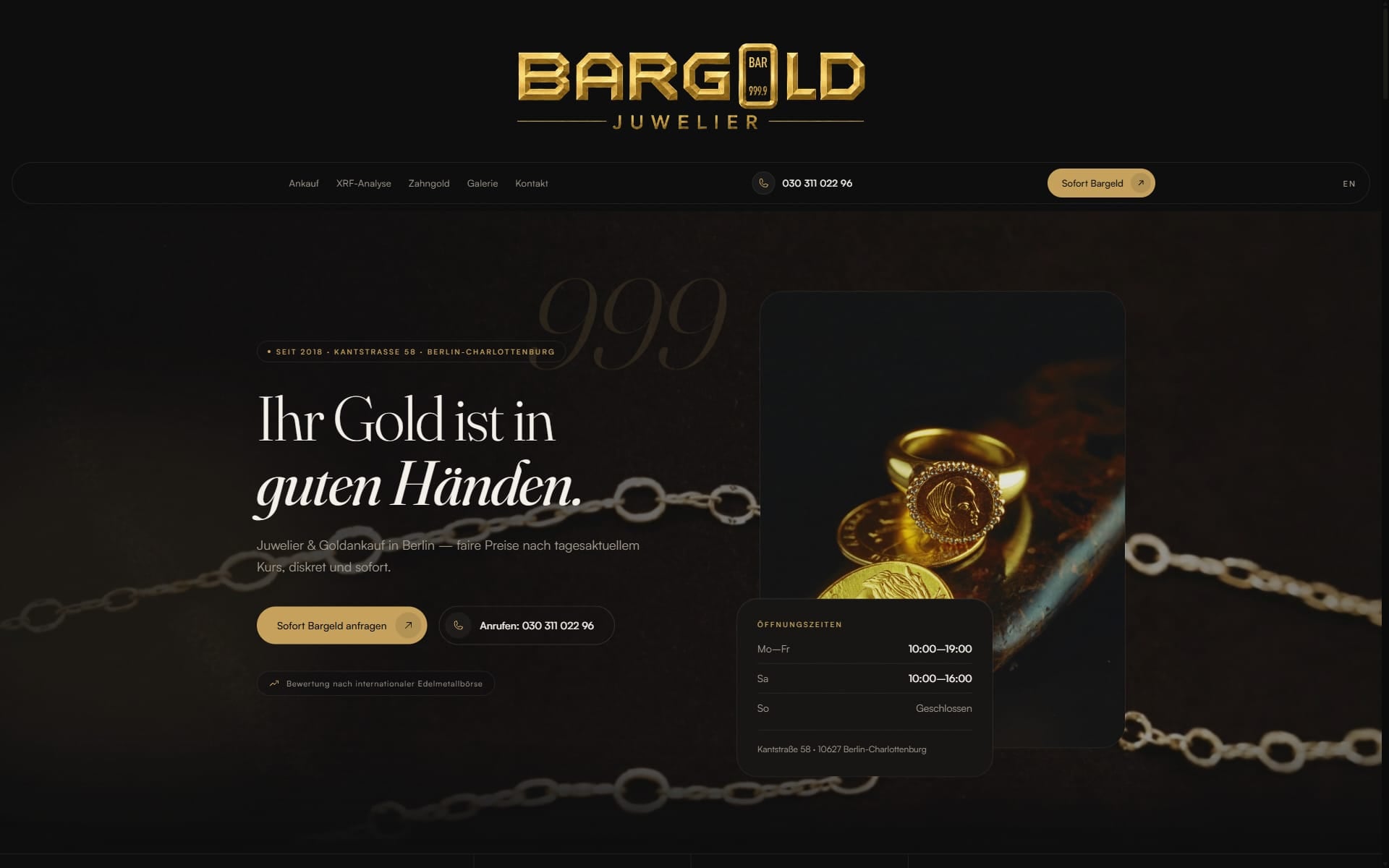 Startseite von bargold999.de: dunkle Bühne mit goldenem Schmuck, Headline „Ihr Gold ist in guten Händen“ und Öffnungszeiten.